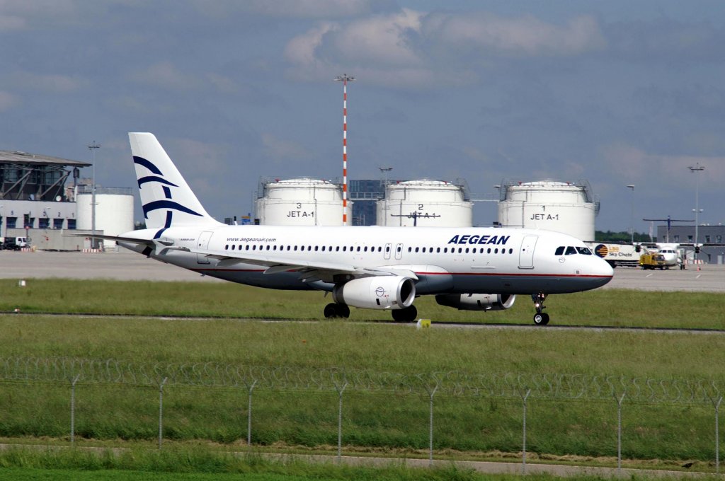 Ein Airbus A-320-232 von Aegean Airlines mit der Kennung SX-DVX aufgenommen am 30.05.2009 auf dem Flughafen Stuttgart