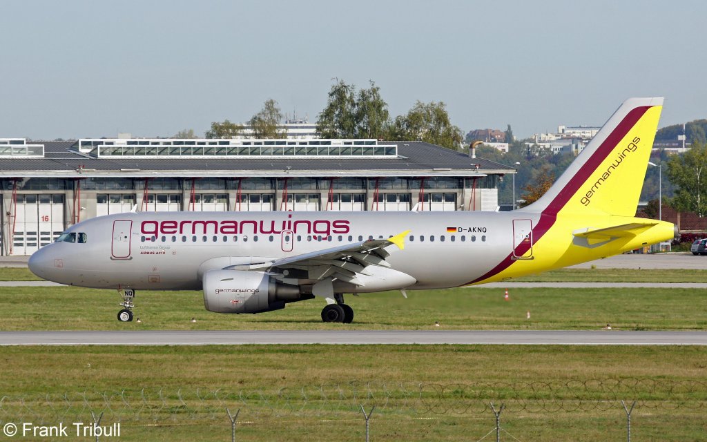 Ein Airbus A319-112 von Germanwings mit der Kennung D-AKNQ aufgenommen am 13.10.2012 auf dem Flughafen Stuttgart 