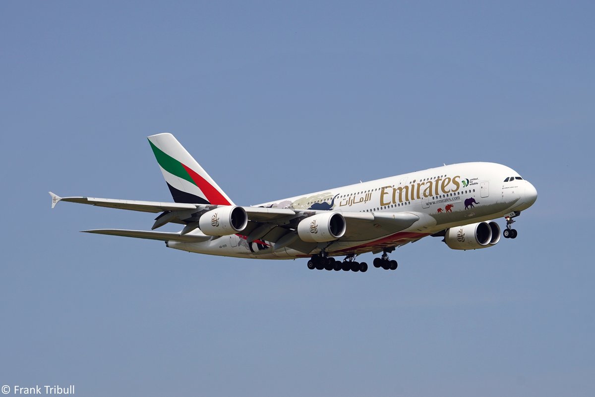 Ein A380-861 von Emirates mit der Kennung A6-EER aufgenommen am 26.05.2018 am Flughafen ZÃ¼rich