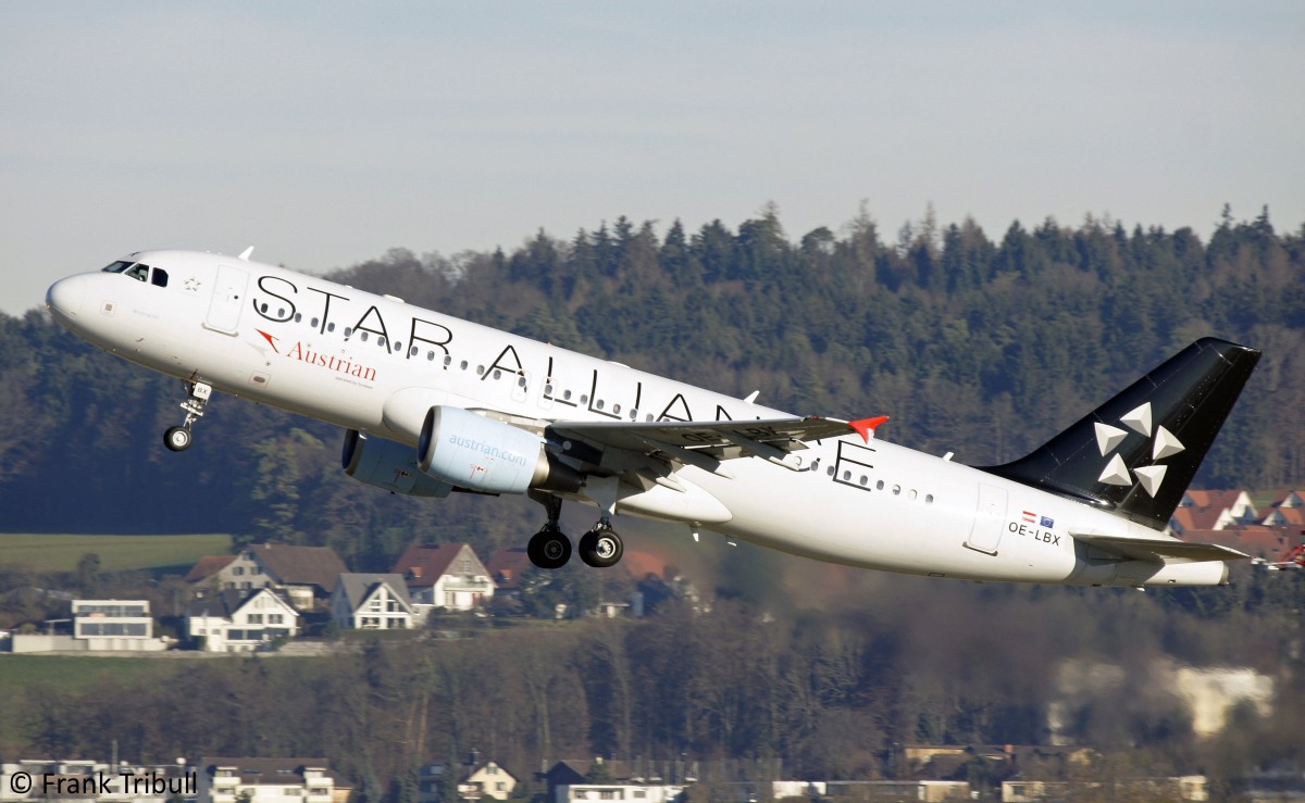 Ein Airbus A320-214 von Austrian Airlines mit der Kennung OE-LBX in der Star Alliance Lackierung aufgenommen am 23.12.2014 auf dem Flughafen ZÃ¼rich